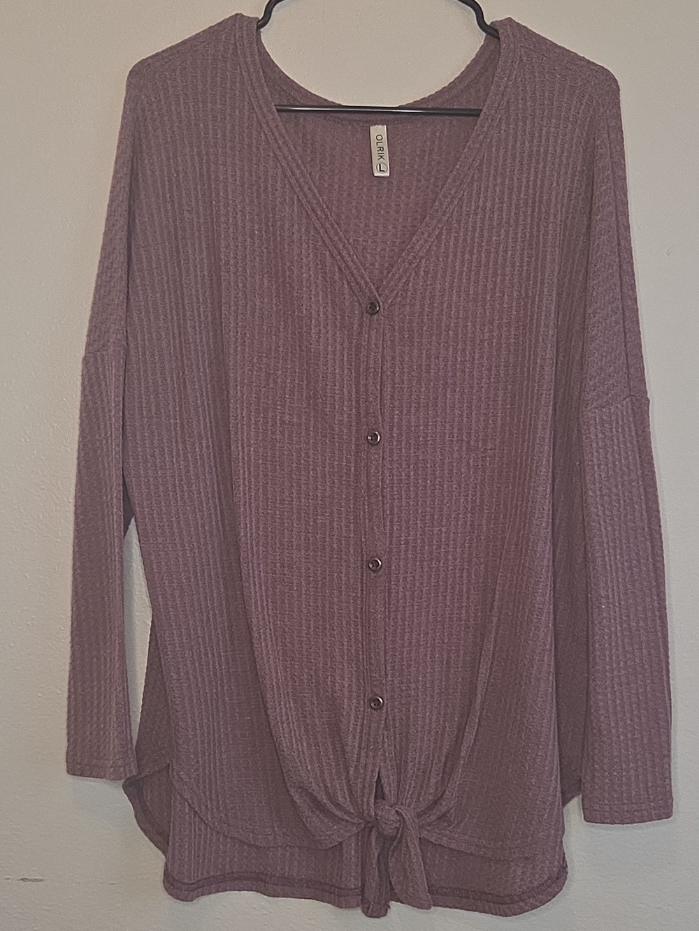 OLRIK Dusty Mauve Ribbed Button-Front Tie-Hem Cardigan